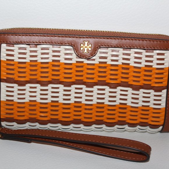 NWT TORY BURCH EMERSON WOVEN WRISTLET ZIP CONTINENTAL WALLET BROWN MULTI $378 - Picture 2 of 8